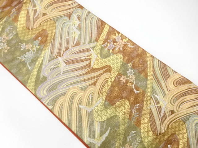 流水に鶴・花模様織出し袋帯